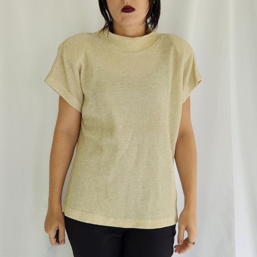 90s Gold Short Sleeve Mock Neck Knit Blouse - Picture 1 of 4